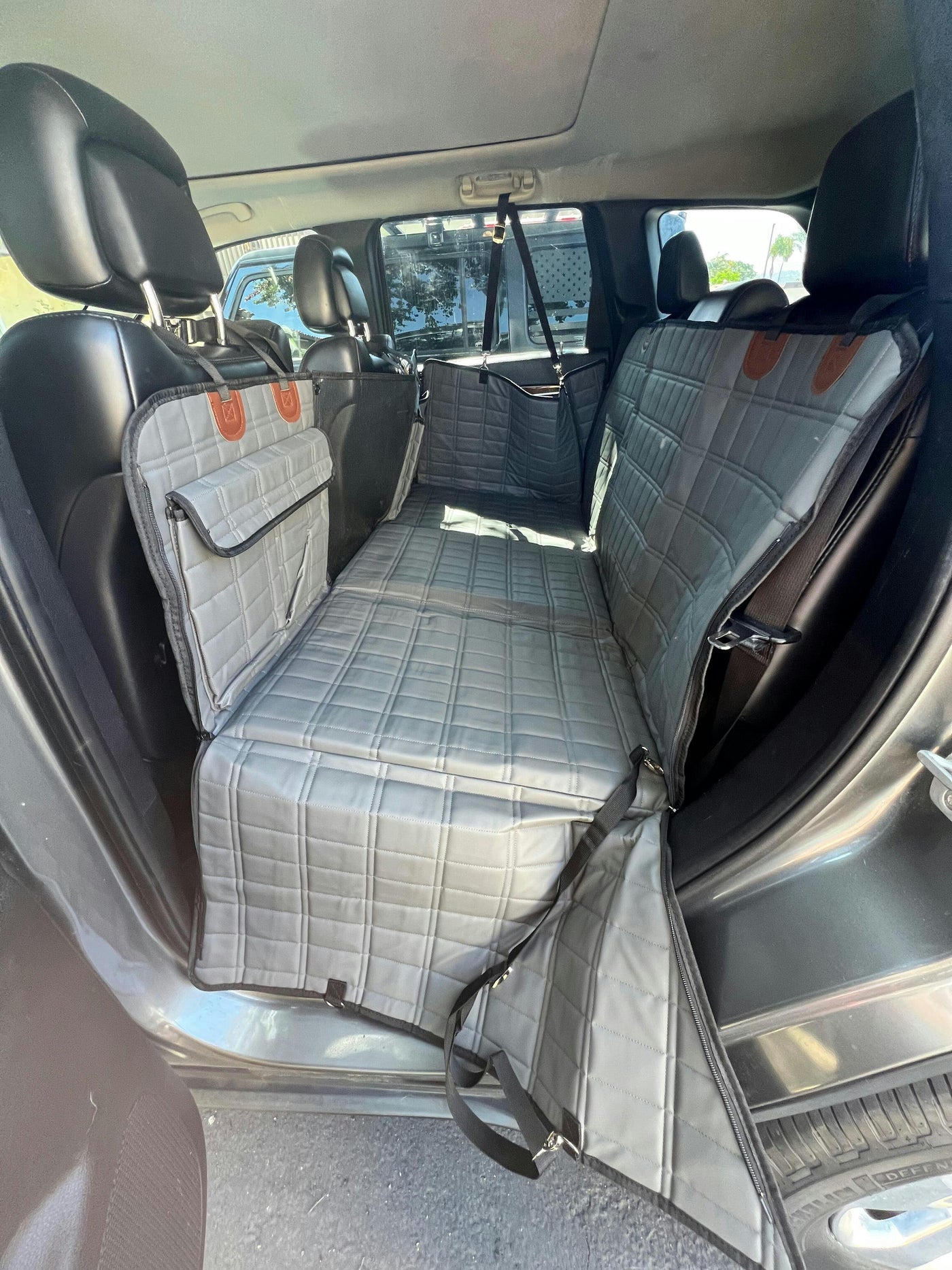 Leather Backseat Extender for Dogs - Grey with Door Covers